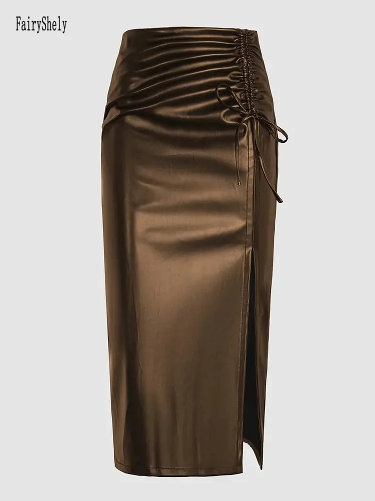 Fairyshely Gonna lunga divisa in pelle PU sexy Donna 2025 Gonna longuette estiva a vita alta Lady Elegante gonne a tubino con coulisse con cerniera 3