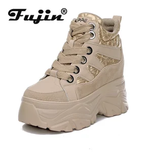 Fujin 8cm Full Cow stivaletti da donna in vera pelle scarpe con plateau scarpe sportive Casual con zeppa stivali moda moto inverno 1