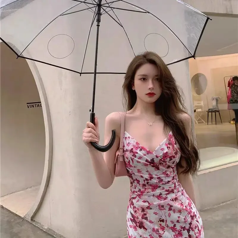 Abito lungo estivo stile francese senza spalline con scollo a V con stampa floreale Abito lungo da donna per le vacanze al mare Abito aderente senza maniche Abito per la pausa tè 5