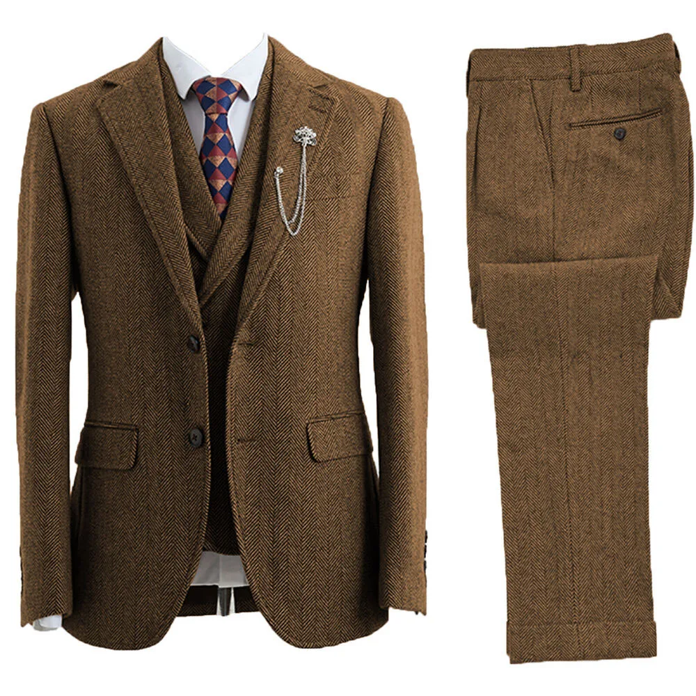 Abiti eleganti da uomo 3 pezzi Abiti da uomo in tweed Abiti da smoking con risvolto a punta per uomo Blazer Gilet e pantaloni Set Abiti da sposa 2