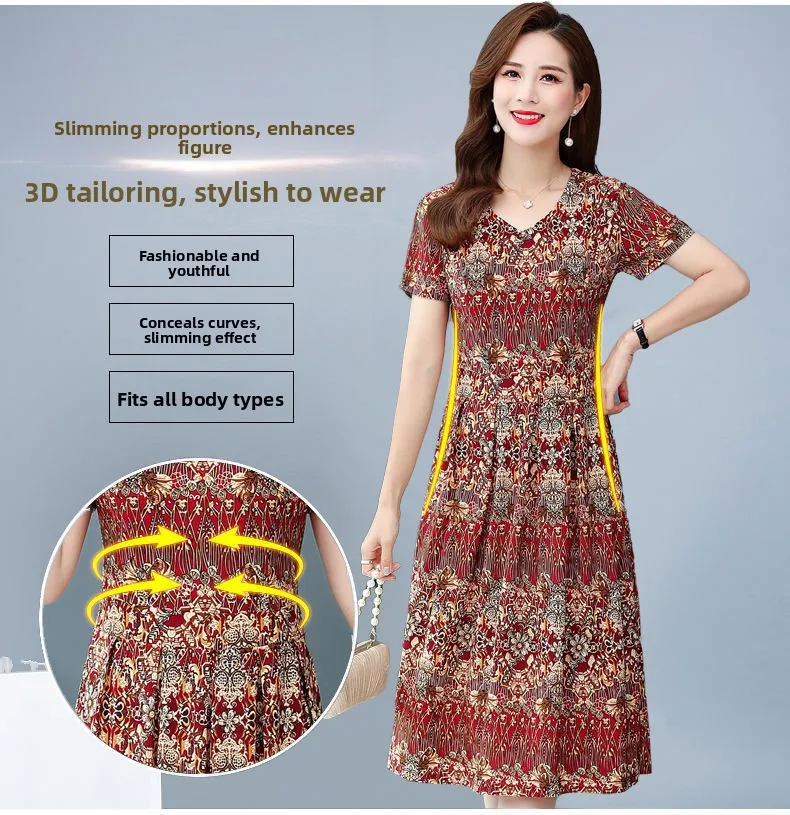 Elegante abito estivo per mamma Vendita calda della stagione Nuovo stile 40 anni 50 anni Donne di mezza età plus Size Gonna a trapezio C.. 4