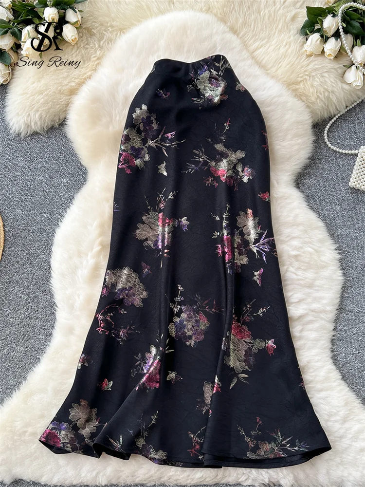 SINGREINY Gonna lunga da donna senior Stampa floreale in oro Design con cerniera Estate Francia Elegante gonna vintage Nozioni di base in raso A Line 5