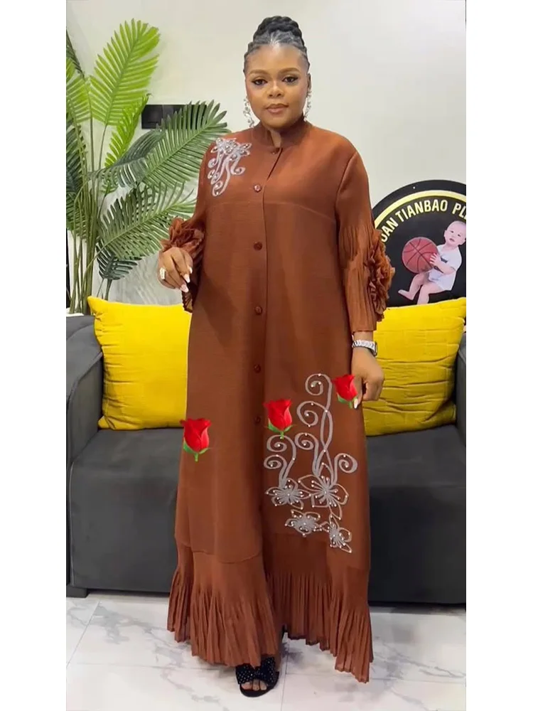 ANLAN Stampa di moda Abito lungo a pieghe Donna Risvolto Maniche floreali Design Monopetto Abiti a trapezio 2025 Estate Nuovo 5AN6018 6