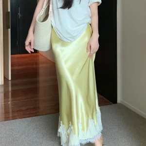 Beiyingni eleganti gonne lunghe per le donne 2025 estate a vita alta in raso di pizzo gonna a tromba donna di lusso sottile moda coreana gonne 1