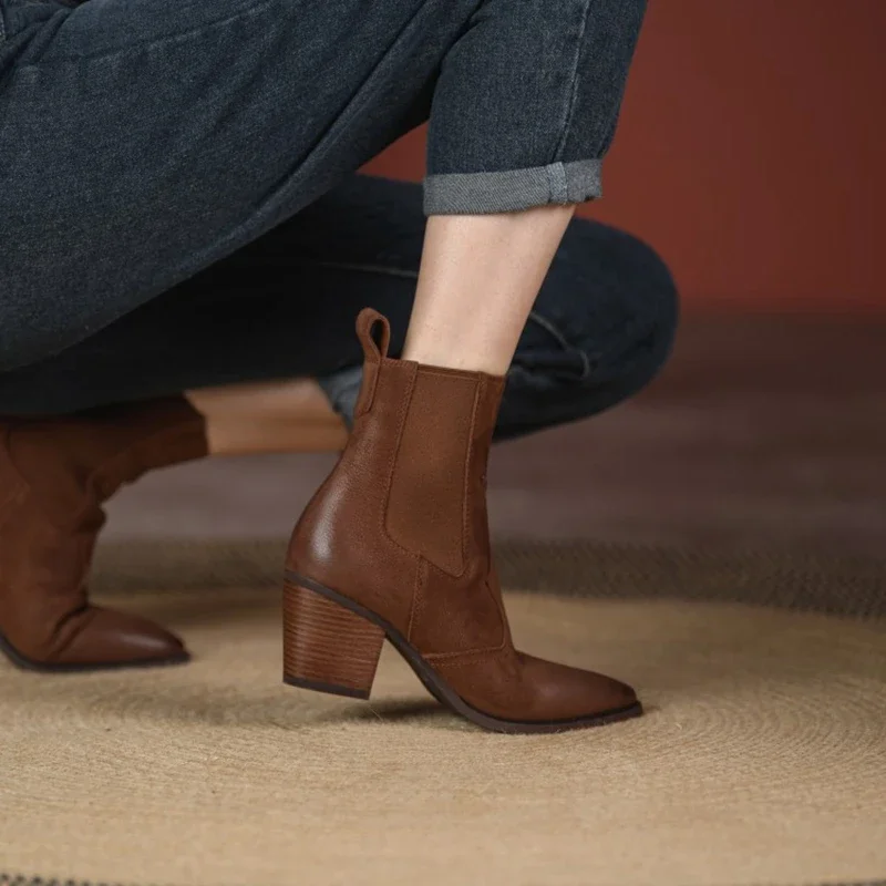 NUOVI stivali da donna autunnali scarpe a punta con tacco grosso scarpe in vera pelle per donna stivali western slip-on casual stivali corti 3