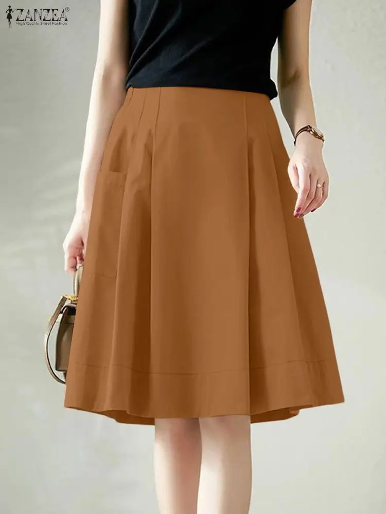 2025 Estate Elastico In Vita Jupes ZANZEA Donne Gonne Da Ufficio Solido A Pieghe Gonna Al Ginocchio Elegante A-line OL Lavoro Faldas Saia 2