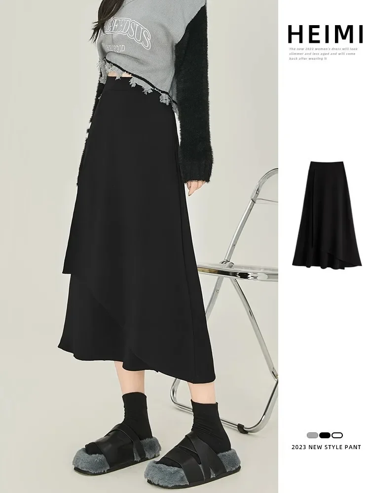 Gonna longuette asimmetrica nera A-Line leggera stile maturo Estate Nuovo arrivo Gonna decorativa in fibra di poliestere di colore puro 2