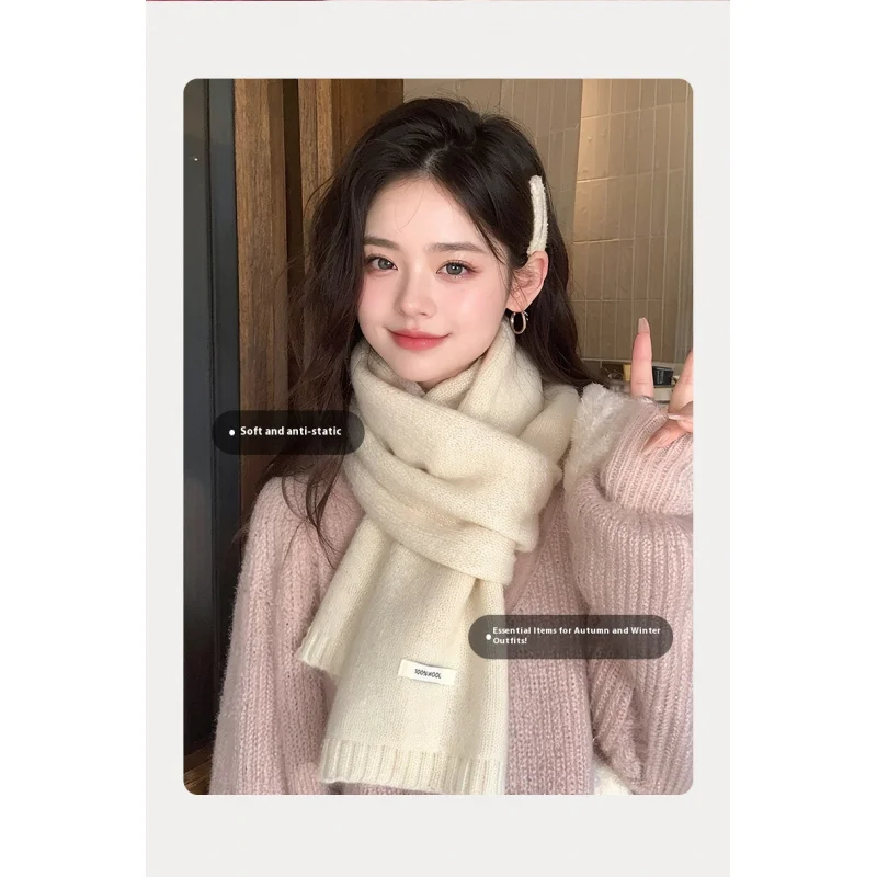 DWJ57 Sciarpa di lana di Capodanno Rosso Autunno Inverno Antivento Atmosfera calda Donna Versatile Scaldacollo lavorato a maglia in tinta unita 2