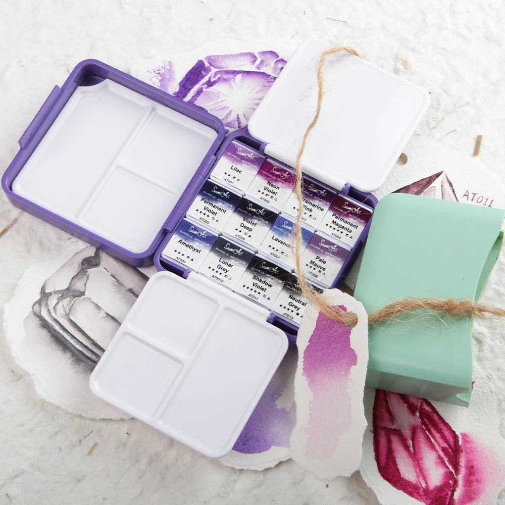 SeamiArt Set di acquerelli solidi professionali con ametista da 12 colori Sistema di colori viola con tavolozza di scatole di pittura in legno 5