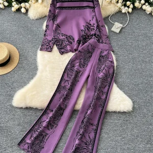 SINGREINY Jacquard Maglia Due Pezzi Abiti da Donna Manica Lunga O Collo Maglione + Pantaloni a Gamba Larga Autunno Inverno Caldo Allentato 2 Pezzi Set 1