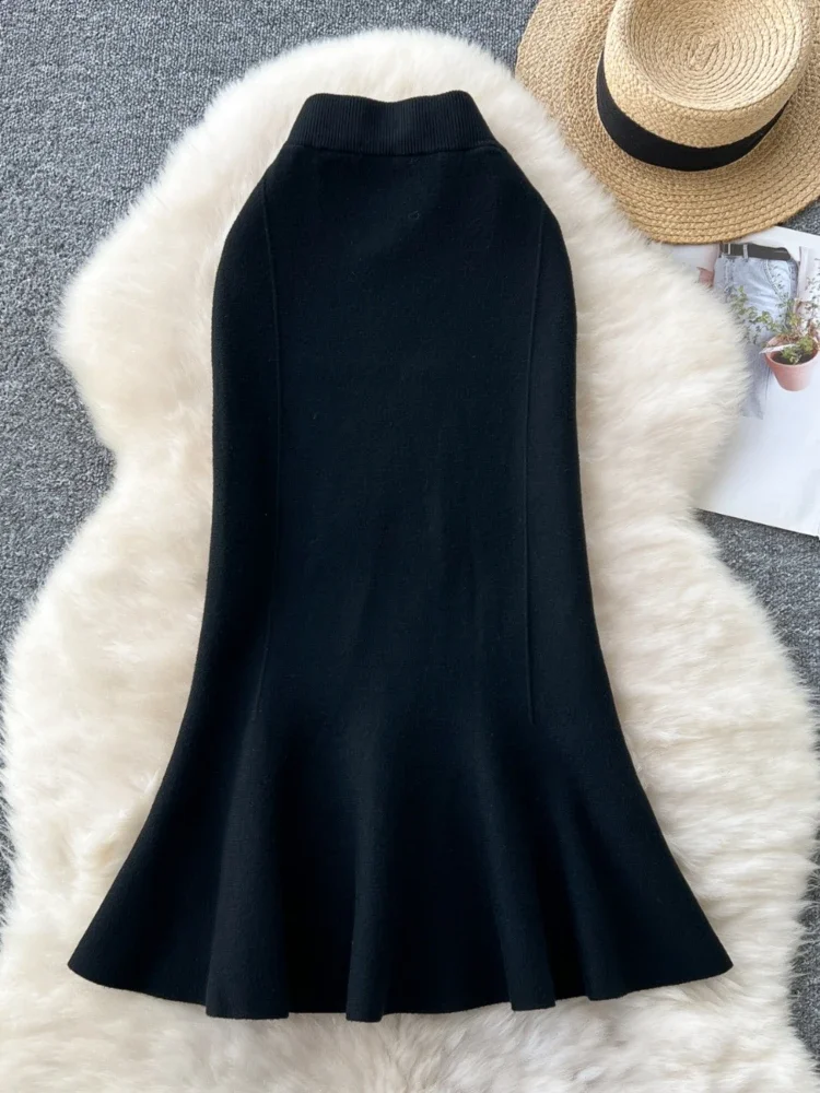 Gonna lavorata a maglia vintage a vita alta Gonna longuette da ufficio a coda di pesce con spacco arricciato Gonna di lana autunno inverno 3