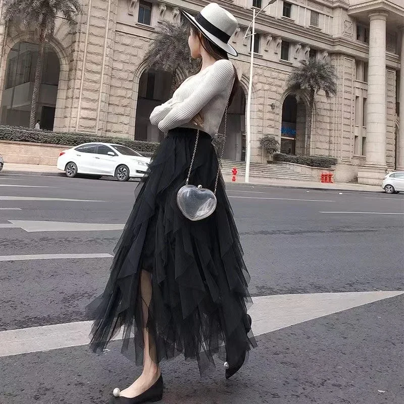 Tutù Tulle Gonna lunga lunga Donna Moda coreana Carino Rosa Gonna a pieghe a vita alta Maglia femminile Lady Estetica Faldas 5