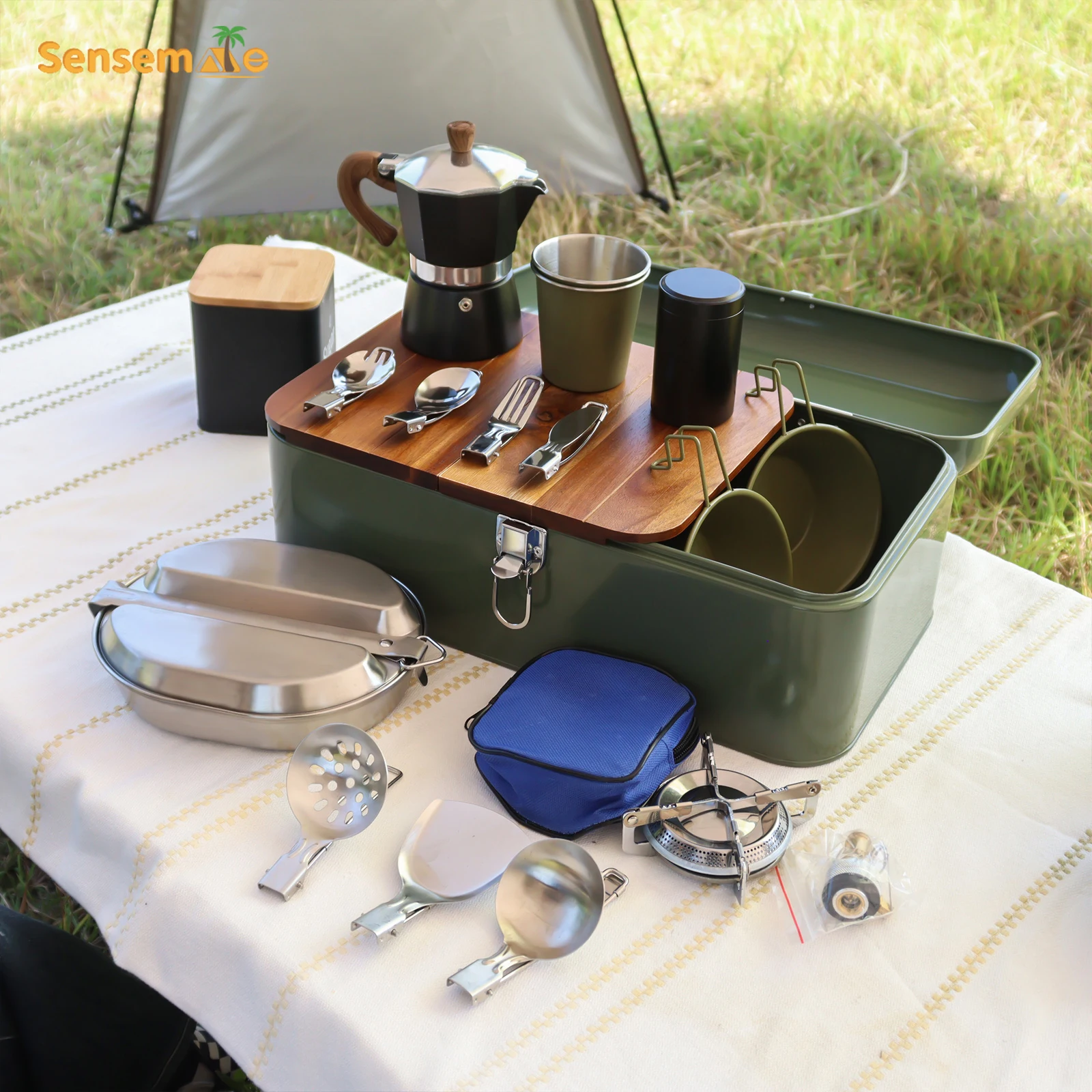 Kit da campeggio Set di posate da campeggio per 2 persone Set di posate da campeggio in acciaio inossidabile Scatola di posate portatile Kit di pentole da escursionismo leggero in scatola di metallo 1