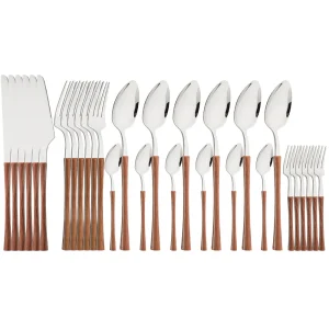 Western 6/30Pcs manico in legno imitazione posate coltello torta forchetta cucchiaio da tè posate Set di stoviglie in acciaio inossidabile argento marrone 1