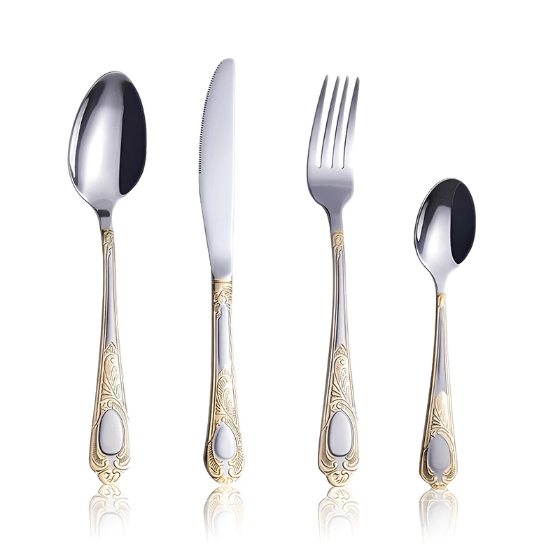 1/4/6 set Set di stoviglie Set di posate dorate con coltello forchetta da pranzo placcato oro occidentale vintage Stoviglie per incisione in acciaio inossidabile 2