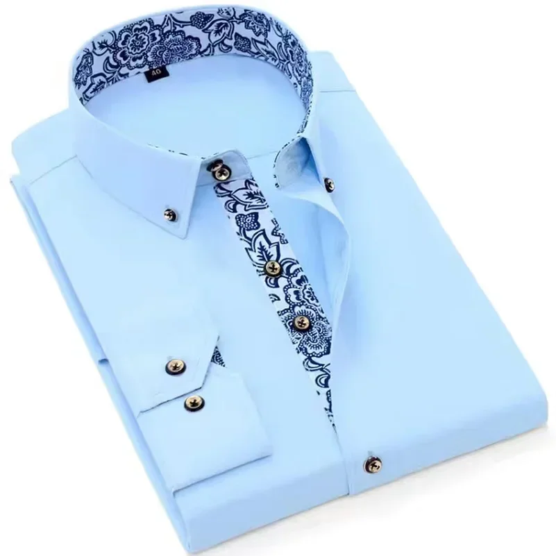 Camicia da uomo in cotone Camicie eleganti con colletto da lavoro formale Manica lunga Primavera Autunno Abbigliamento casual Slim Fit Social Nero Blu Bianco 3