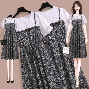 Abito con stampa floreale retrò Gonna longuette con cinturino per pausa tè Dimagrante occulente Manica corta Girocollo Abito da ragazza in vita impero 1