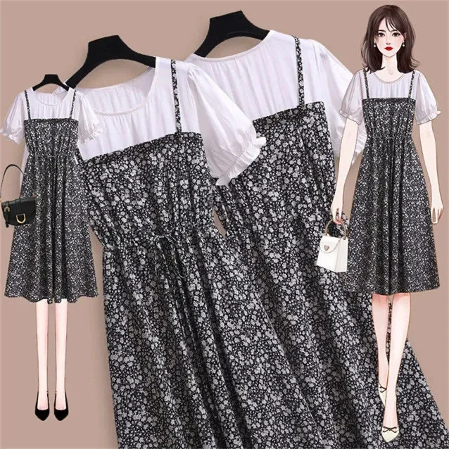 Abito con stampa floreale retrò Gonna longuette con cinturino per pausa tè Dimagrante occulente Manica corta Girocollo Abito da ragazza in vita impero 1