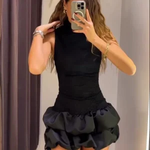 HH Colletto alla coreana di nuova moda invernale da donna impiombato Abito corto in pizzo Abito senza maniche con cerniera sottile versatile alla moda femminile 1