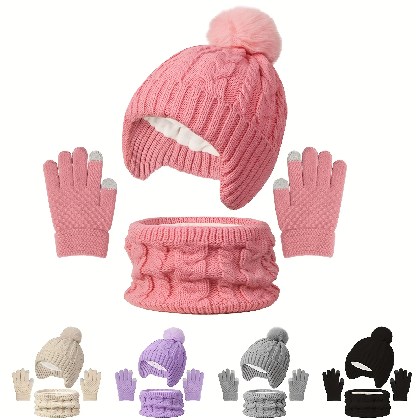 Un set di 3 cappelli, sciarpe e guanti invernali per bambini, un set caldo in tre pezzi, cappello elastico caldo lavorato a maglia tinta unita, scaldacollo e guanti per ragazzi e ragazze dai 3 ai 8 anni 2