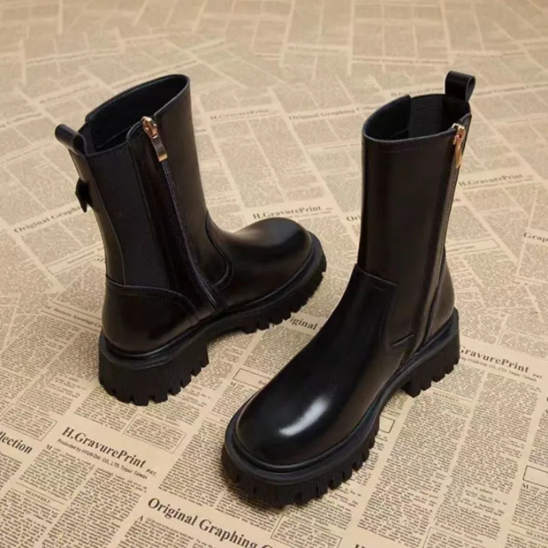 Stivali semi alti da donna Punta tonda Chelsea Scarpe da donna a metà polpaccio Tacco medio Calzature marroni Primavera Autunno Saldi Gotico Demi-stagione 5