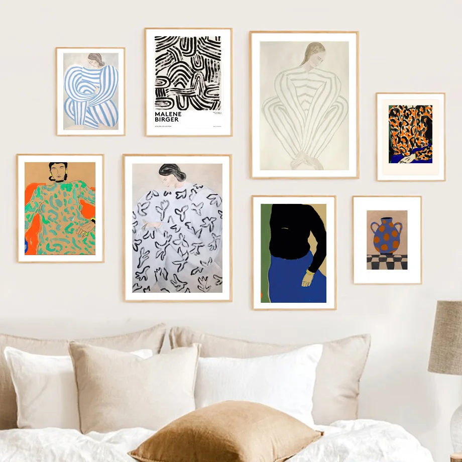 Linea astratta Abito a righe Ragazza Nordic Poster Vaso Stampa artistica da parete geometrica Pittura su tela Immagini Boho per la decorazione del soggiorno 1