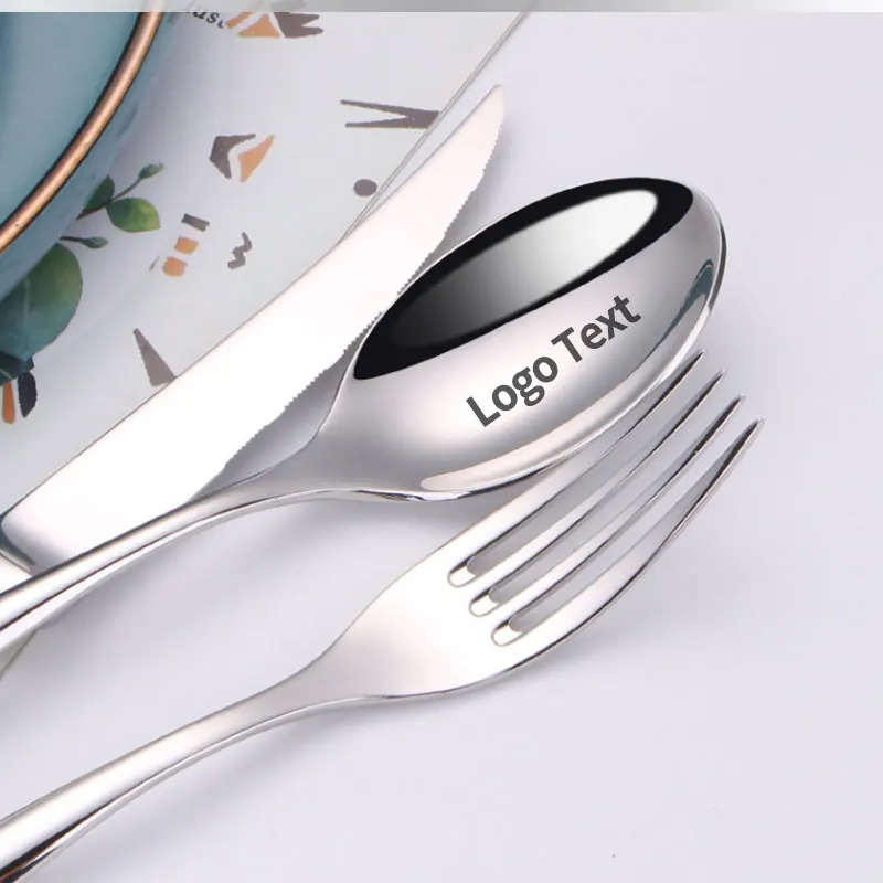 Set di posate con logo personalizzato gratuito da 5 set/5 pezzi, cucchiaio/forchetta/coltello in acciaio inossidabile 304 con logo personalizzato inciso al laser per hotel/caffetteria 4