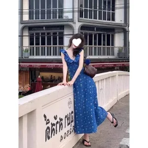 Estate vintage francese nuova gonna blu Klein abito in vita con cintura floreale vacanza al mare abito lungo scollo a V alla caviglia senza maniche 1