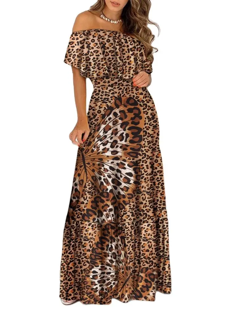 2022 New Fashion Leopard Robe Stampa Abito lungo Ruffle Maxi vestito estivo Bohemian Women Summer Sexy Casual Elegante senza spalline Abiti 6