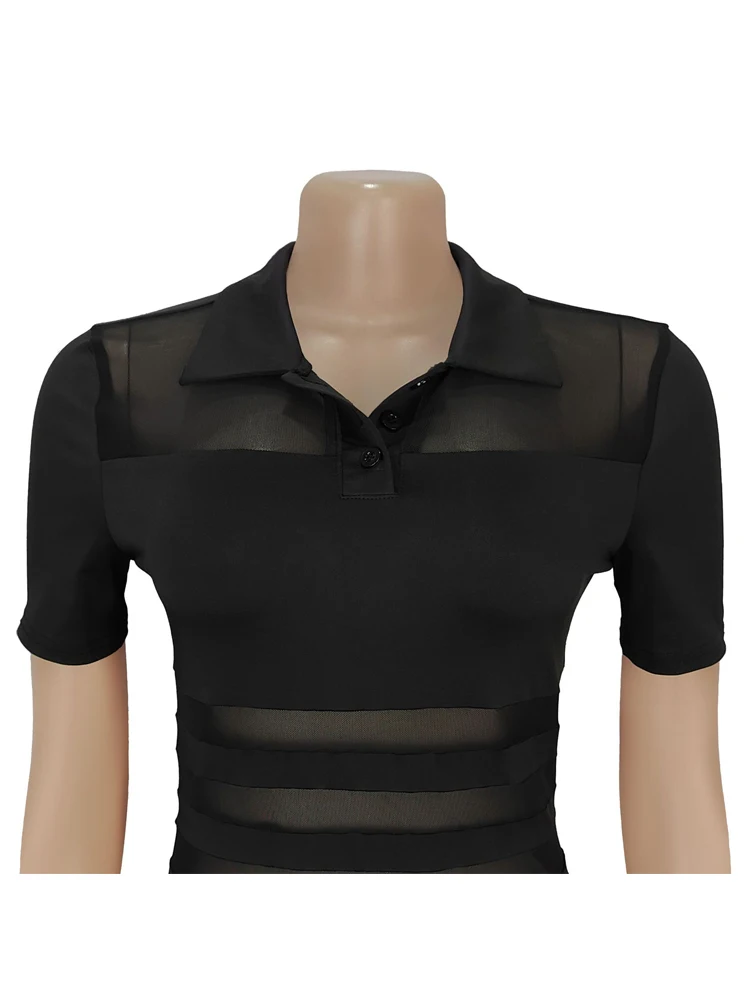 Beyprern Abito lungo polo trasparente a righe trasparenti da donna Colletti rovesciati sexy Abiti da festa in gabbia Night Out Vestido Clubwear 6