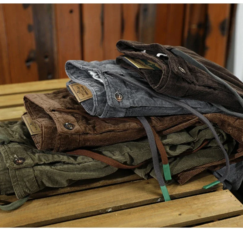 Pantaloni da uomo casual in velluto a coste nuovi classici invernali Comodi pantaloni cargo con coulisse in cotone retrò con tasche grandi AZ324 3