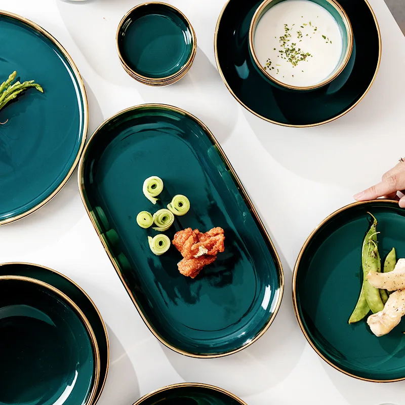 Set di posate Creative verde scuro Set di piatti in ceramica placcati in oro piatti da cucina ciotole di riso piatto in porcellana utensili da cucina nuovo 4