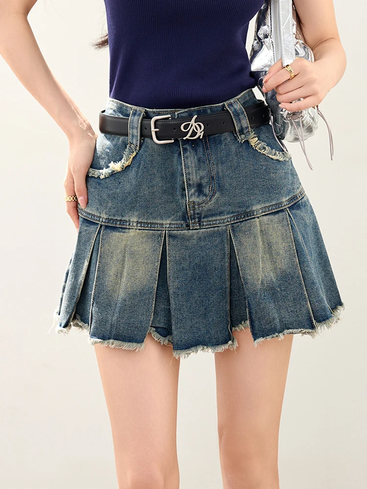 Gonna di jeans moda donna 2025 estate nuova mini gonne a pieghe retrò Y2k gonna di jeans a vita alta streetwear casual 4