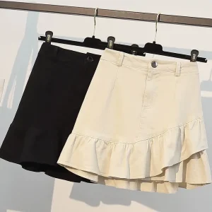 Minigonna a linea A alla moda con finiture in pizzo a vita alta che dimagrisce per le donne taglie forti Primavera Autunno Nuova gonna corta in stile coreano 1
