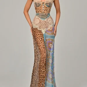 Mozision Abito lungo sexy diviso in pizzo con stampa leopardata Abito da donna Elegante abito da sera da spiaggia senza maniche in chiffon patchwork senza schienale 1