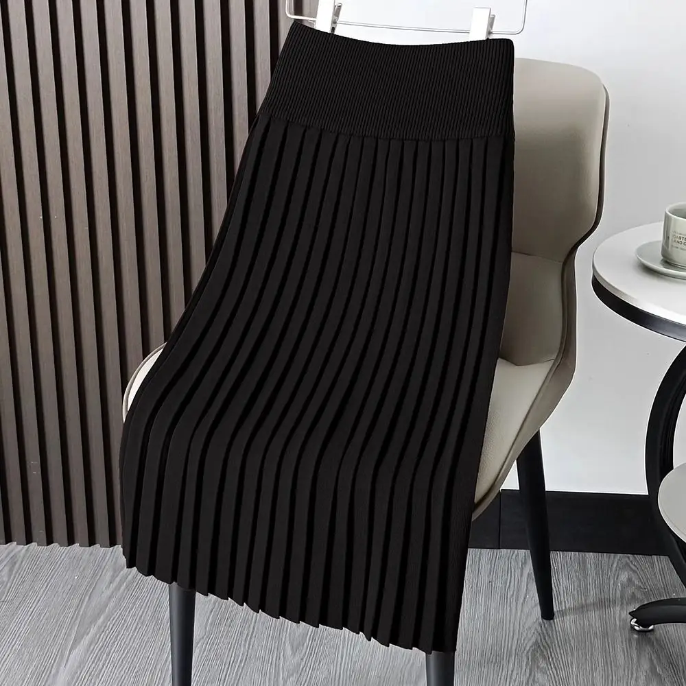 Autunno Inverno Office Lady Semplicità Pieghettato Tinta unita Elastico in vita Gonna a trapezio Abbigliamento donna Temperamento Gonne a maglia 2