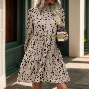 Nuovo abito fluido da donna a maniche lunghe con stampa floreale francese primaverile e autunnale a vita alta 1