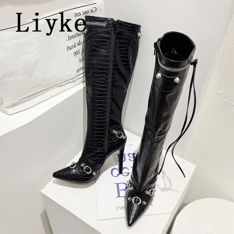 Liyke 2025 Nuovo Sexy Punta a punta Stivali alti al ginocchio Donna Pole Dance Tacchi a spillo Pompe Moda Nappa Zip Rivetto Scarpe lunghe invernali 4