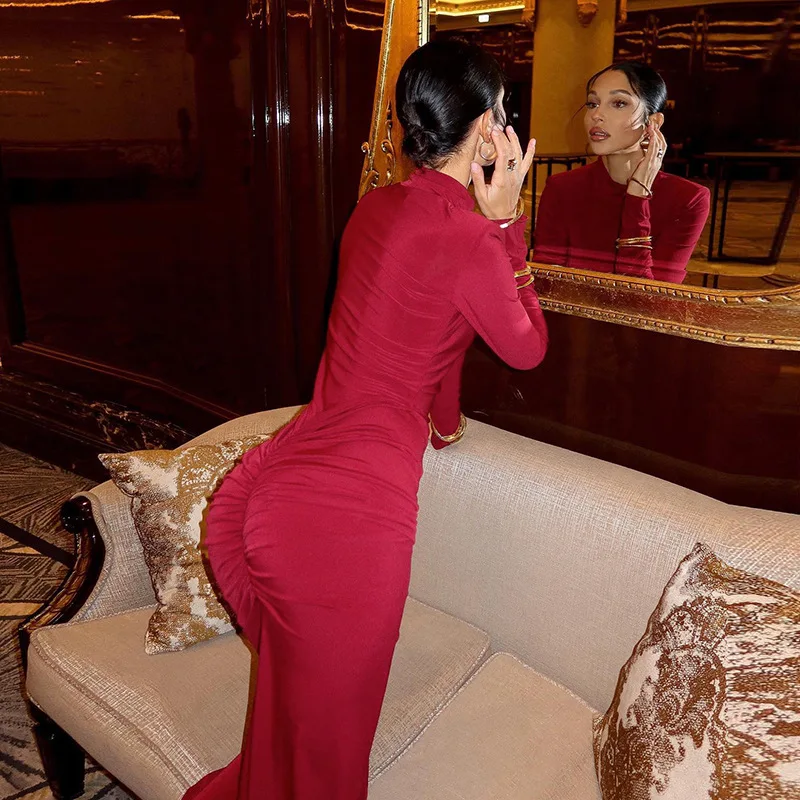 Abito maxi increspato alla moda elegante crittografico Abiti da club aderenti per abiti da festa sexy a maniche lunghe da donna 6