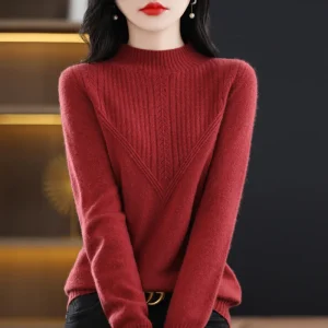 Maglione da donna 100% lana Pullover a maniche lunghe Autunno Inverno Spessore caldo Fondo morbido Camicie Collo a lupetto Maglioni lavorati a maglia larghi 1