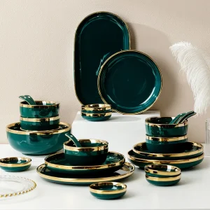 Set di posate Creative verde scuro Set di piatti in ceramica placcati in oro piatti da cucina ciotole di riso piatto in porcellana utensili da cucina nuovo 1