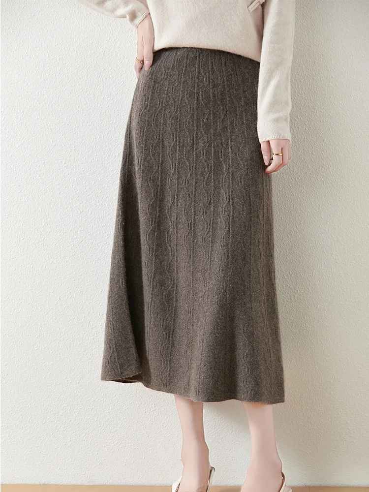 Chic Acqua Ondulazione Mezza Lunghezza Gonna Autunno Inverno Morbido Caldo 100% Lana Merino Maglieria Grace Retro Donna Vestiti Office Lady 2025 2