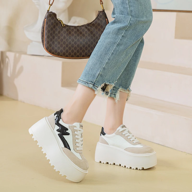 8cm piattaforma in vera pelle zeppa Chunky Sneaker nero Casual Comfort Skate Board suola spessa nuove scarpe moda primavera autunno 3