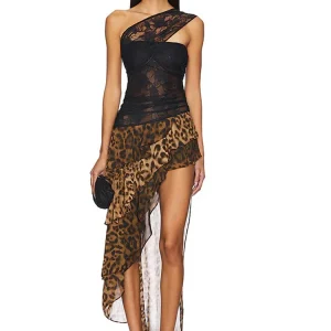 JULISSA MO Patchwork Stampa Leopardo Vedere Attraverso Il Merletto Vestito Delle Donne Sexy Una Spalla Abito Con Volant Estate Nuovo Elegante Partito Clubwear 1
