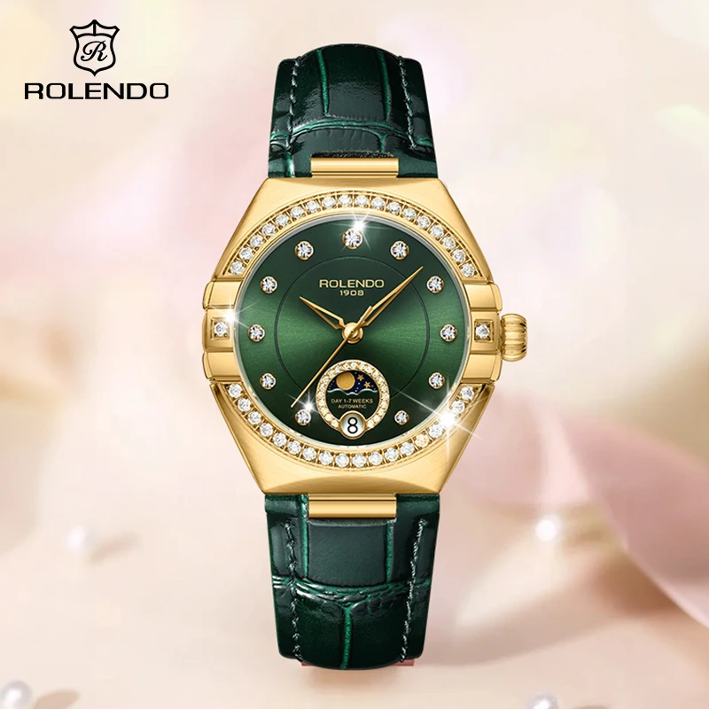 ROLENDO Orologio da donna automatico stile costellazione Cinturino segreto smeraldo Quadrante verde Giorno-Data Cristallo di zaffiro Impermeabile Elegante 1