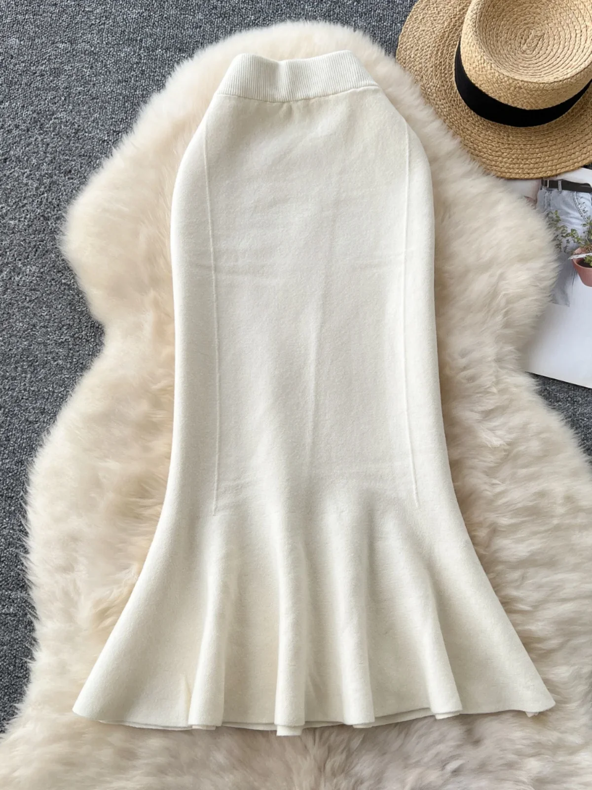 Gonna lavorata a maglia vintage a vita alta Gonna longuette da ufficio a coda di pesce con spacco arricciato Gonna di lana autunno inverno 4