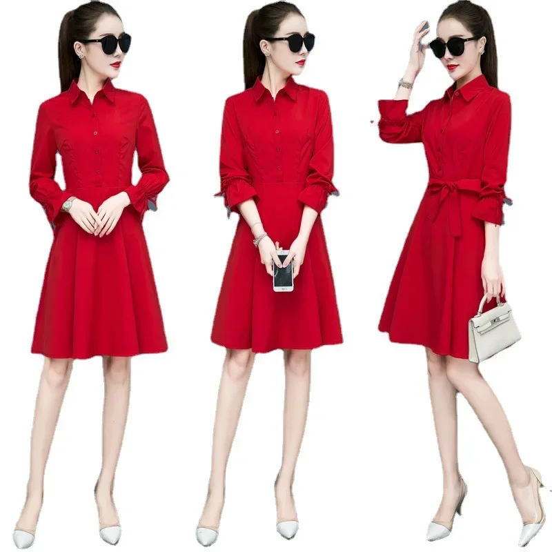 Abito da donna rosso a maniche lunghe Giallo Primavera Autunno Stile Abito da sera al ginocchio Gonna formale da donna in fibra di poliestere 5