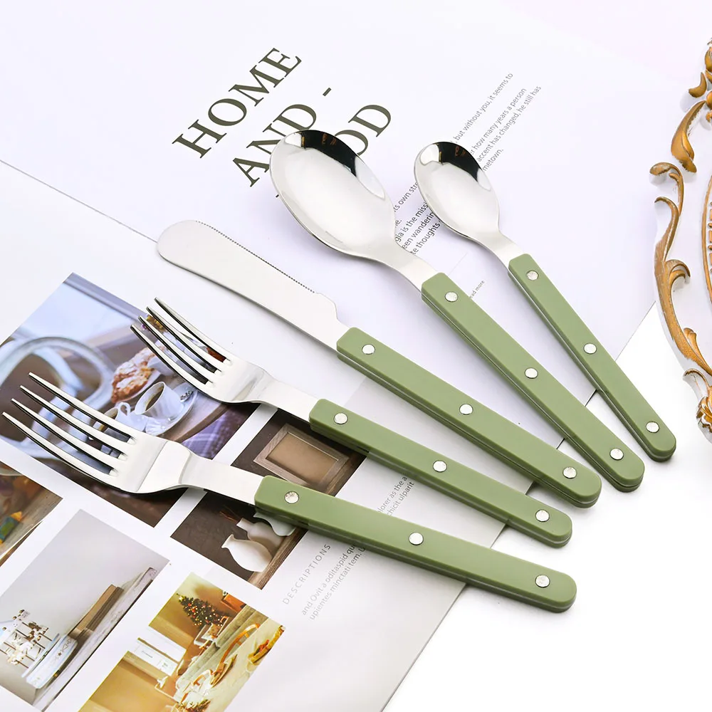 6/30 pz verde argento manico acrilico posate coltello forchetta cucchiaio Set di stoviglie acciaio inossidabile Set di posate cucina domestica occidentale 2