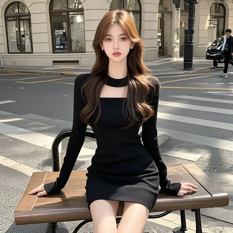 Abito elegante a maniche lunghe con colletto quadrato stile donna Design unico da donna Minigonna in vita snellente Manica intera in fibra di poliestere 1