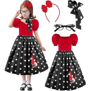 Abiti da festa per ragazze Abito estivo Stampa barboncino Abito vintage a pois con abito sciarpa Abiti estivi casual per ragazze Compleanno 1